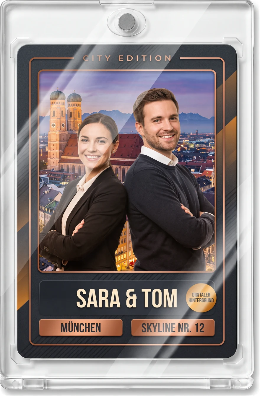 Trading Card City Edition in Sammler-Hülle: Paar vor Münchner Skyline
