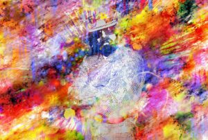 Multi-Color Artfilter mit bunten regenbogenfarben im Hintergrund und Silhouette der Person in schwarz/weiss