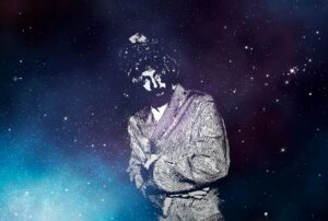 Fotobox Foto mit einem Kunstfilter - Hintergrund Sternenhimmel Silhouette Mensch schwarz / weiss