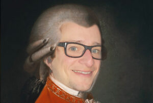 Kunstfilter mit Ölmal-Effekt zeigt ein nachgeahmtes Mozart-Portrait mit dem Gesicht eines Gastes der Fotobox